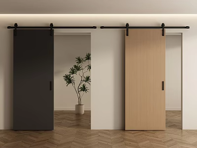 Contemporary Interior Featuring Black And Wood Barn Doors With Metal Sliding Tracks 3d model
