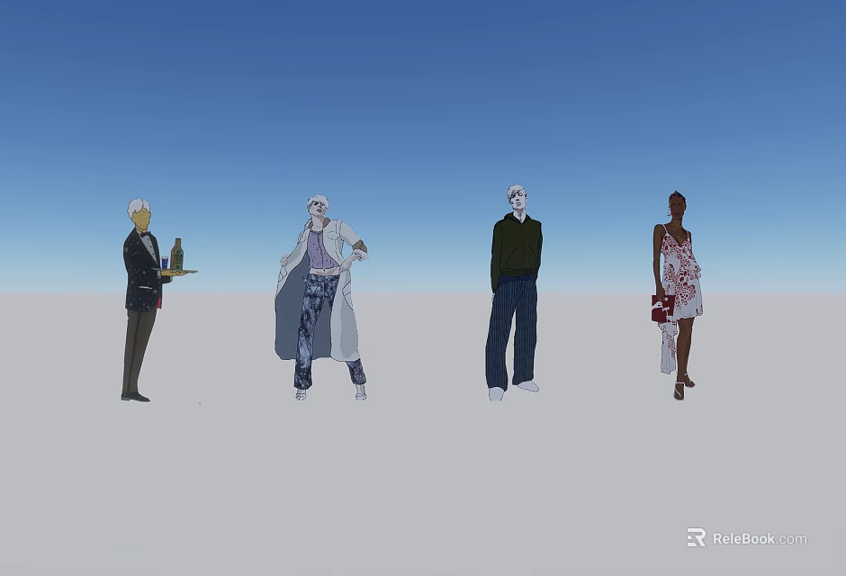 Group of People in Different Stylish Outfits Holding Bottle and Handbag Under Blue Sky 3d model 