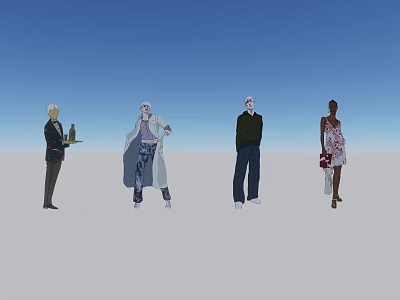 Group of People in Different Stylish Outfits Holding Bottle and Handbag Under Blue Sky 3d model