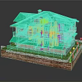 Cartoon Style Two Story House Scene With Green Roof Balconies Yellow Walls And Stone Base