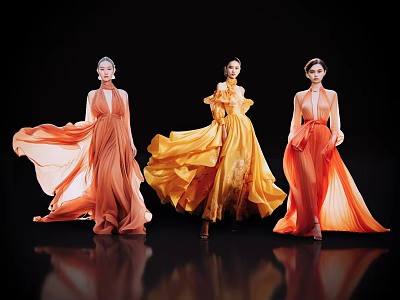Women Showcasing Flowing Orange Yellow Long Dresses Against Black Background 3d model