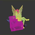 Blue Haired Fairy Figurine Sitting On Decorative Box With Blue Wings And Feathers