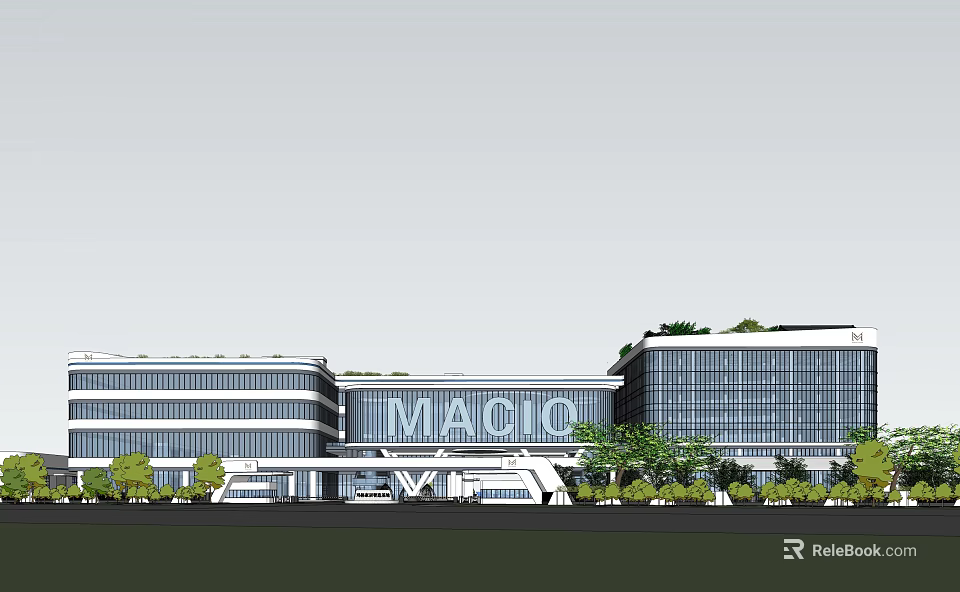 Modern Industrial Factory Building With Glass Curtain Wall Surrounding Greenery And MAGIC Branding 3d model 