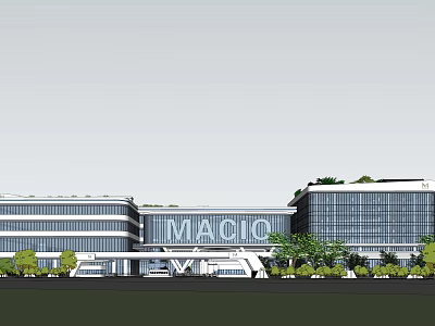 Modern Industrial Factory Building With Glass Curtain Wall Surrounding Greenery And MAGIC Branding 3d model