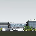 Modern Industrial Factory Building With Glass Curtain Wall Surrounding Greenery And MAGIC Branding