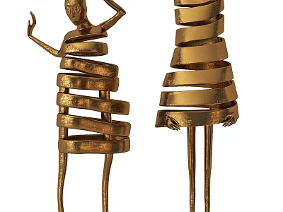 Golden Decorative Ornament Set With Spiral Design And Human Figure Figurines 3d model