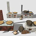 Rustic Brick Kitchen Cabinets With Traditional Stoves And Cooking Tools 3d model
