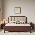 Modern Double Bed With Upholstered Headboard Nightstands Table Lamp Decorative Art And Wall Clock