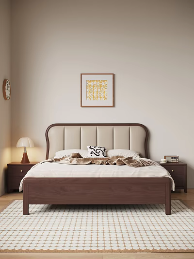 Modern Double Bed With Upholstered Headboard Nightstands Table Lamp Decorative Art And Wall Clock 3d model