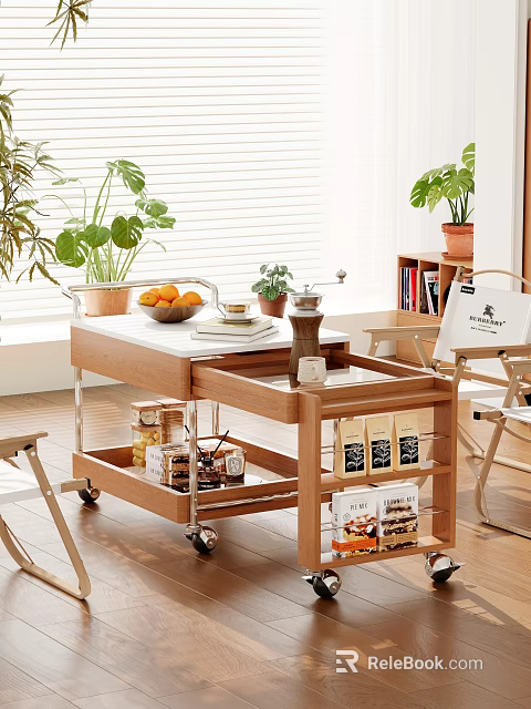 Modern Tea Cart With Multiple Tiers Wheels Fresh Fruits Coffee Grinder And Cups Potted Plants 3d model 