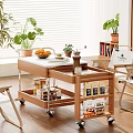 Modern Tea Cart With Multiple Tiers Wheels Fresh Fruits Coffee Grinder And Cups Potted Plants