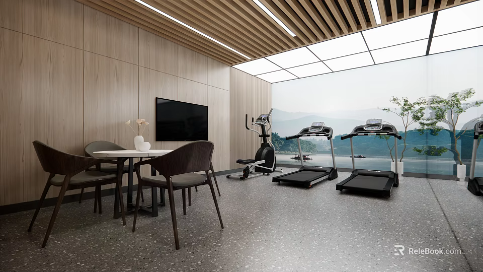 Home Gym Space With Treadmills Elliptical Trainer Wooden Walls And Mountain View Through Large Windows 3d model 