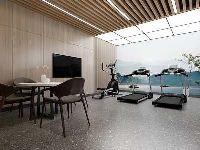 Home Gym Space With Treadmills Elliptical Trainer Wooden Walls And Mountain View Through Large Windows 3d model