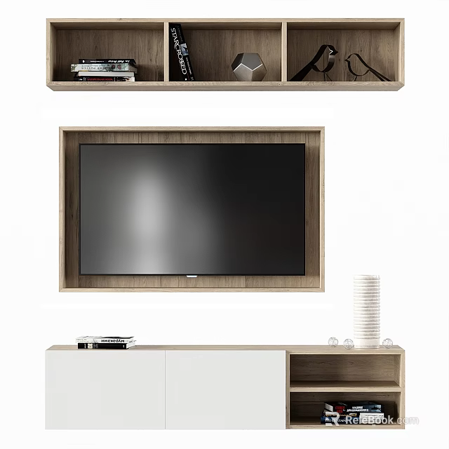 Modern TV Wall with Wooden Frame Upper Shelves Books and Lower Stand Design 3d model 