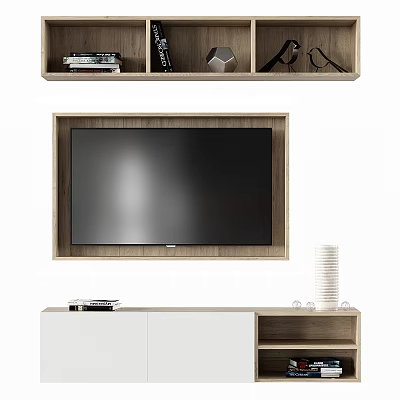 Modern TV Wall with Wooden Frame Upper Shelves Books and Lower Stand Design 3d model