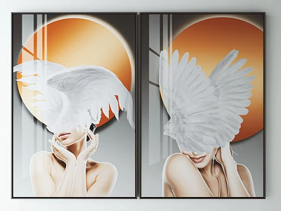Modern Decorative Wall Art With White Wings Orange Circle Background And Black Frame 3d model