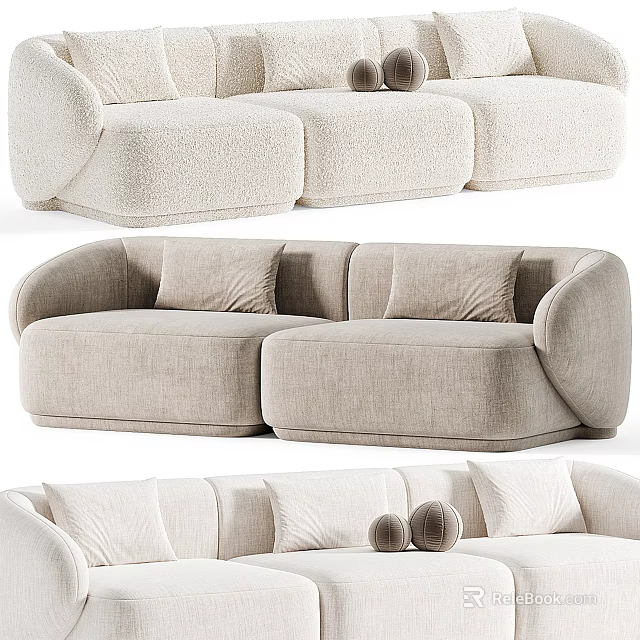 Modern Beige Fabric Sectional Sofa With Rounded Design And Soft Cushions 3d model