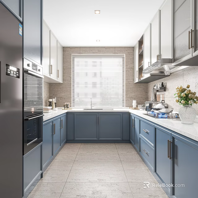 Blue Kitchen Interior With White Countertops Window Blinds Appliances And Floral Decor 3d model 