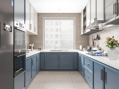 Blue Kitchen Interior With White Countertops Window Blinds Appliances And Floral Decor 3d model