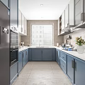 Blue Kitchen Interior With White Countertops Window Blinds Appliances And Floral Decor