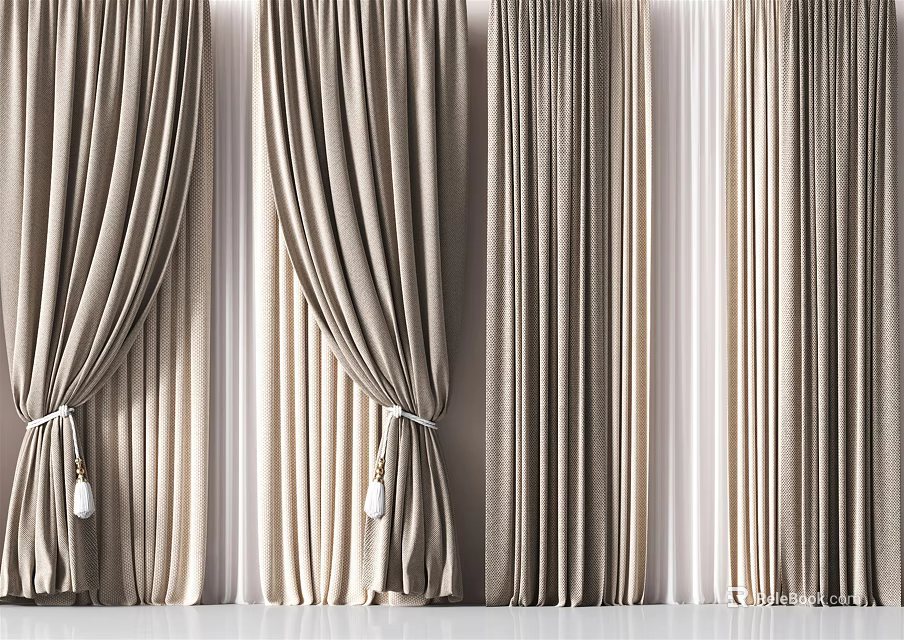 Elegant Beige Linen Curtains With Soft Pleated Design And Decorative Tiebacks 3d model 