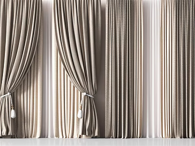 Elegant Beige Linen Curtains With Soft Pleated Design And Decorative Tiebacks 3d model