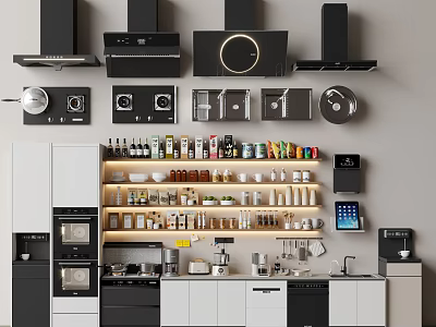 Organized Modern Kitchen with Appliances Cookware Cabinets Storage Shelves and Coffee Maker 3d model