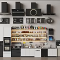 Organized Modern Kitchen with Appliances Cookware Cabinets Storage Shelves and Coffee Maker