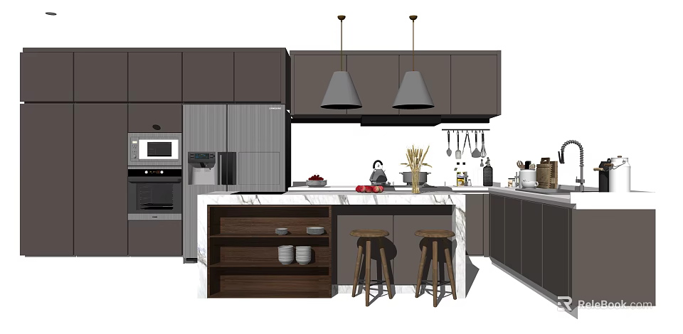 Modern Kitchen Interior With Gray Cabinets Island Hanging Lights Stools And Appliances 3d model 