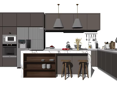 Modern Kitchen Interior With Gray Cabinets Island Hanging Lights Stools And Appliances 3d model