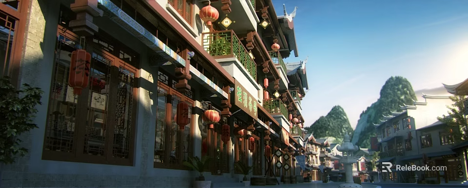 Traditional Chinese Ancient Architecture Street with Red Lanterns Overhanging Eaves and Storefronts 3d model 
