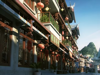Traditional Chinese Ancient Architecture Street with Red Lanterns Overhanging Eaves and Storefronts 3d model