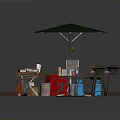Outdoor Food Stall Structure With Green Umbrella Red Refrigerator Wooden Table And Blue Gas Cylinder