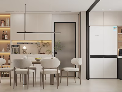 Modern Restaurant Interior with Dining Table Chairs White Cabinets Refrigerator Hanging Lights and Potted Plant 3d model