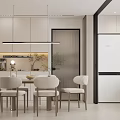Modern Restaurant Interior with Dining Table Chairs White Cabinets Refrigerator Hanging Lights and Potted Plant