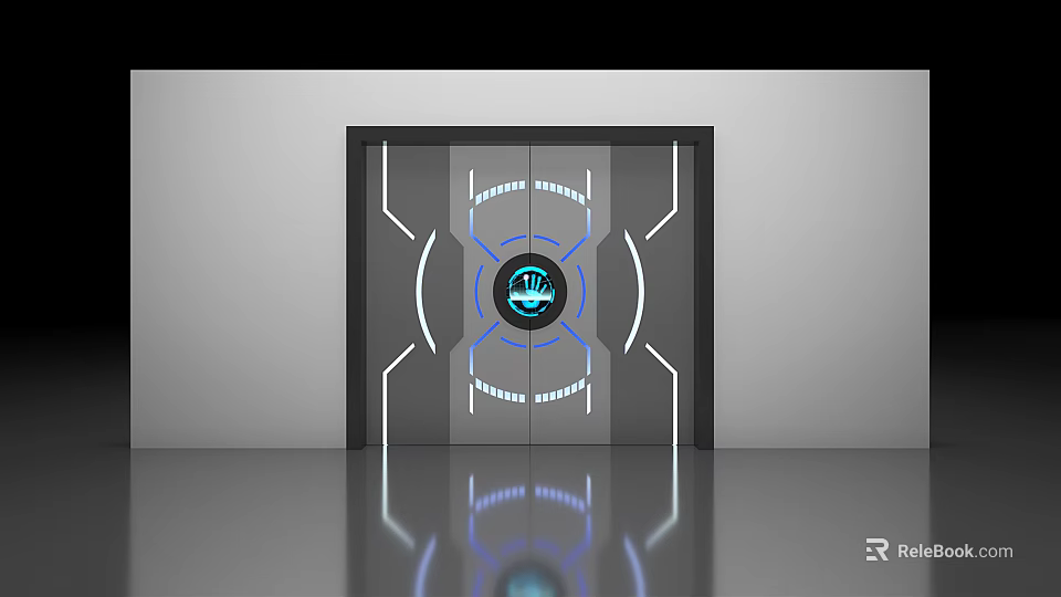 Futuristic Door Design With Blue Glowing Ring Circular Emblem And Illuminated Lines 3d model 