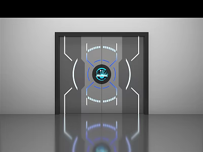 Futuristic Door Design With Blue Glowing Ring Circular Emblem And Illuminated Lines 3d model