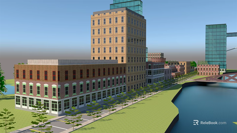 Modern Multi Story Office Building With Glass Curtain Walls River And Green Space 3d model 