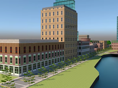 Modern Multi Story Office Building With Glass Curtain Walls River And Green Space 3d model