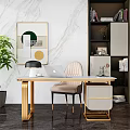 Modern Office Desk with Golden Legs White Marble Top Laptop Lamp Green Plant City View