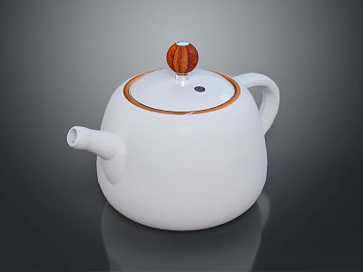 White Modern Teapot Design With Wooden Knob And Brown Rim Lid 3d model