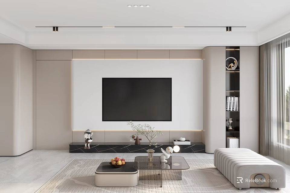 Modern Living Room Interior With Large Screen TV TV Stand Coffee Table Sofa And Bookshelf 3d model 