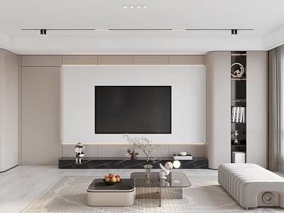 Modern Living Room Interior With Large Screen TV TV Stand Coffee Table Sofa And Bookshelf 3d model