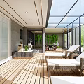 Villa Balcony with Glass Roof Wooden Flooring and Wicker Lounge Chairs Green Plants