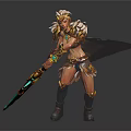 Fantasy Warrior In Golden Armor With Green Glowing Weapon And Mythical Creature