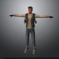3D Model Man With Arms Outstretched Wearing Black Vest Brown T-Shirt Blue Jeans Gray Sneakers