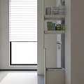 Home Balcony Featuring White Roller Blinds Metal Rack Hanging Clothes Stacked Washer Dryer White Cabinets