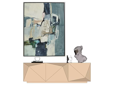 Abstract Painting On Wall Above Geometric TV Stand With Decorative Figurine 3d model