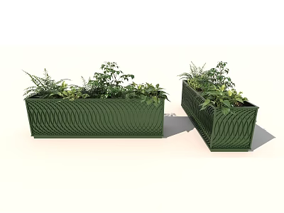 Decorative Green Wave Patterned Rectangular Garden Planters With Mixed Plants 3d model