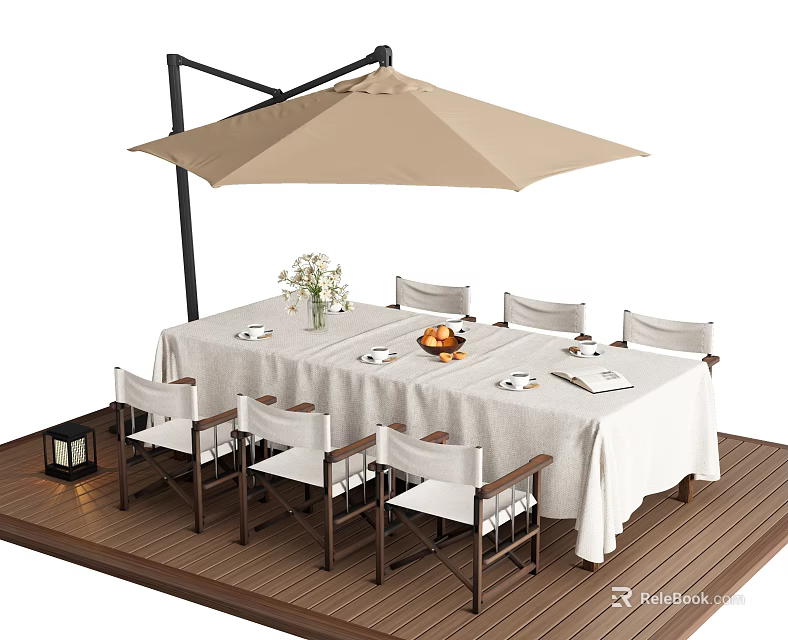 Stunning Outdoor Table with White Tablecloth Dinnerware Flower Vase and Beige Parasol on Wooden Deck 3d model 